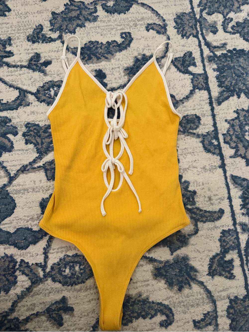 Girls' Yellow Ribbed One-Piece Swimsuit with White Tie Detail